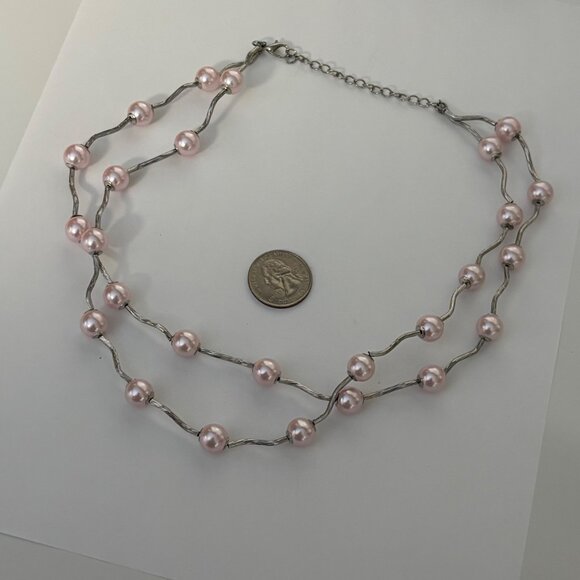 Pink Faux Pearl Silver Tone Necklace Double Strand Wavy Bar Beaded Jewelry - Picture 3 of 6